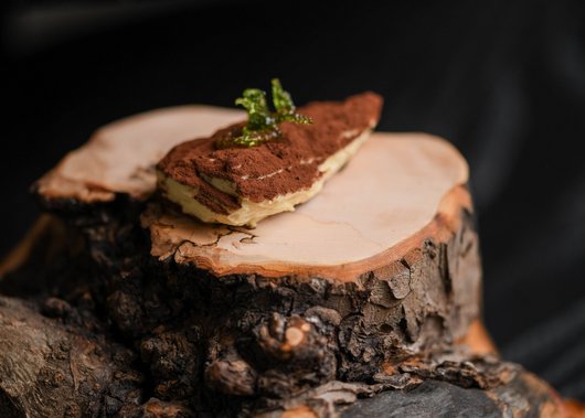 Lampl Stube: il nostro ristorante a Castelrotto Una fetta di tiramisù su una tavola di legno rustica