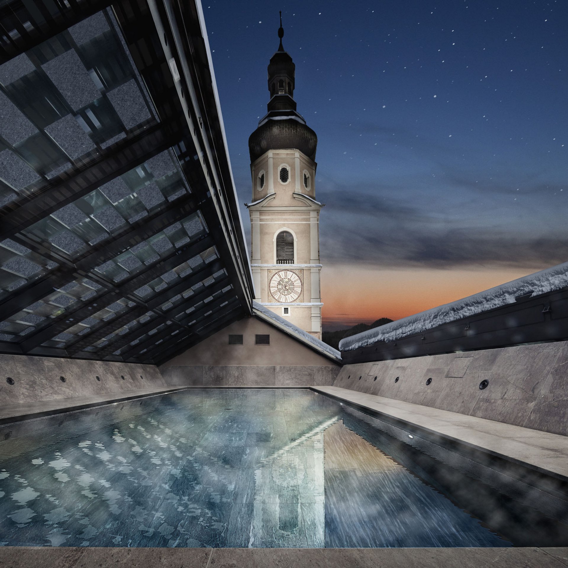 4-Sterne-Hotel Lamm am Fuße der Seiser Alm Beheizter Pool auf dem Dach mit Blick auf einen Turm bei Dämmerung