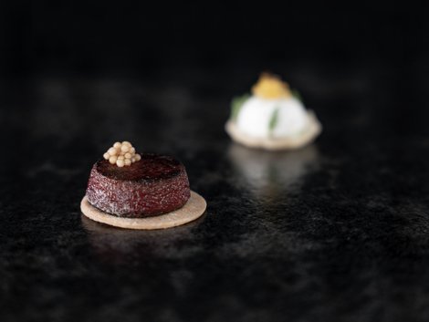 Useful info for your hotel in South Tyrol Two small artfully arranged bites on a dark surface