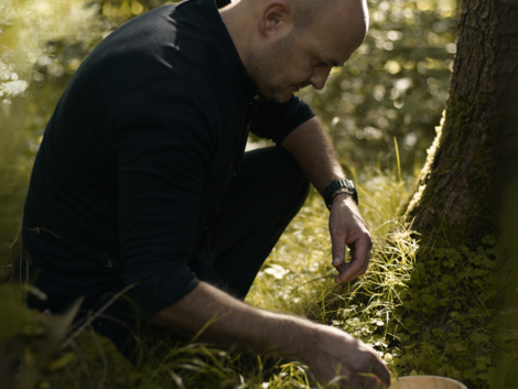 Useful info for your hotel in South Tyrol Man crouching with a basket in a sunlit forest